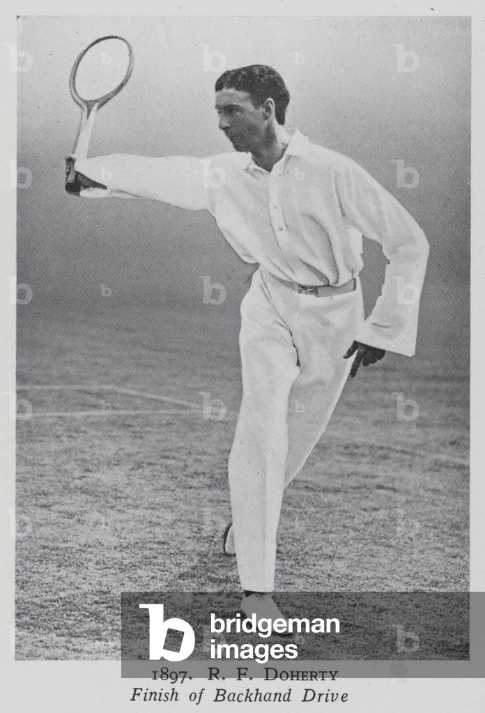 1897, R F Doherty, Finish of Backhand Drive (b/w photo)