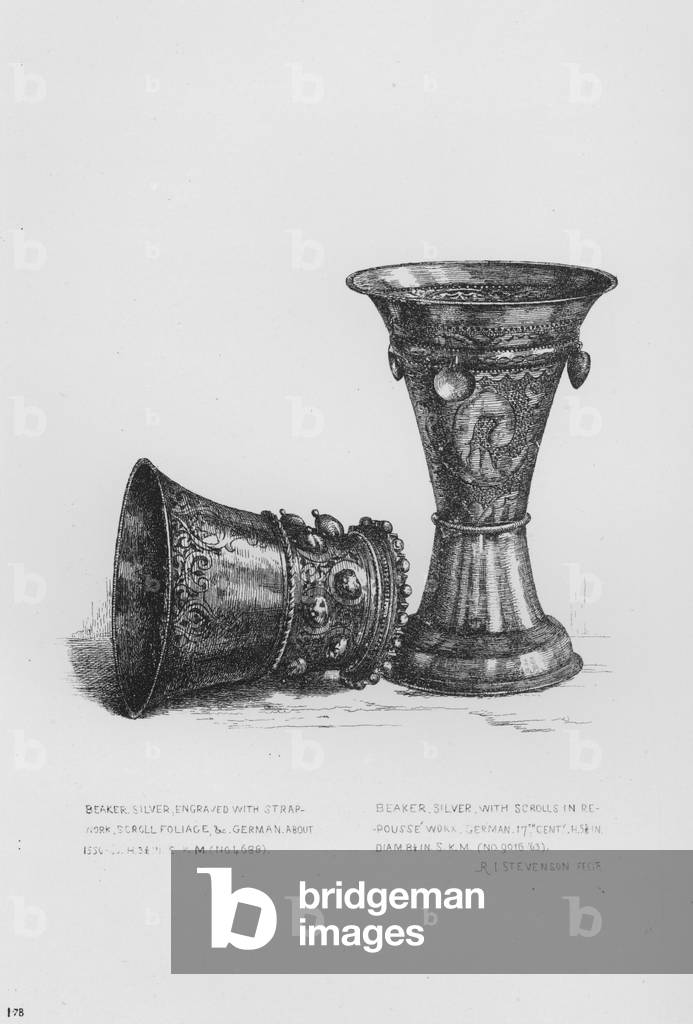Victoria And Albert Museum: Beaker, silver, engraved with strap-work, scroll foliage, etc, German, about 1550-60; Beaker, silver, with Scrolls in repousse work, German, 17th century (engraving)