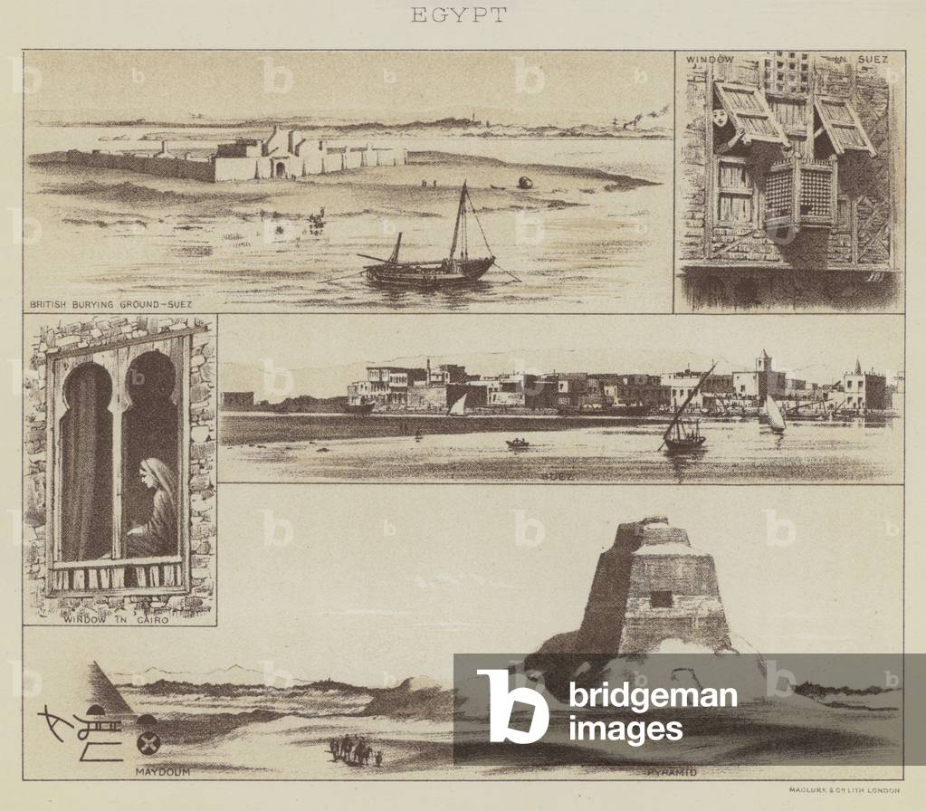 Egypt, British Burying Ground, Suez, Window in Suez, Suez, Window in Cairo, Maydoum, Pyramid (litho)