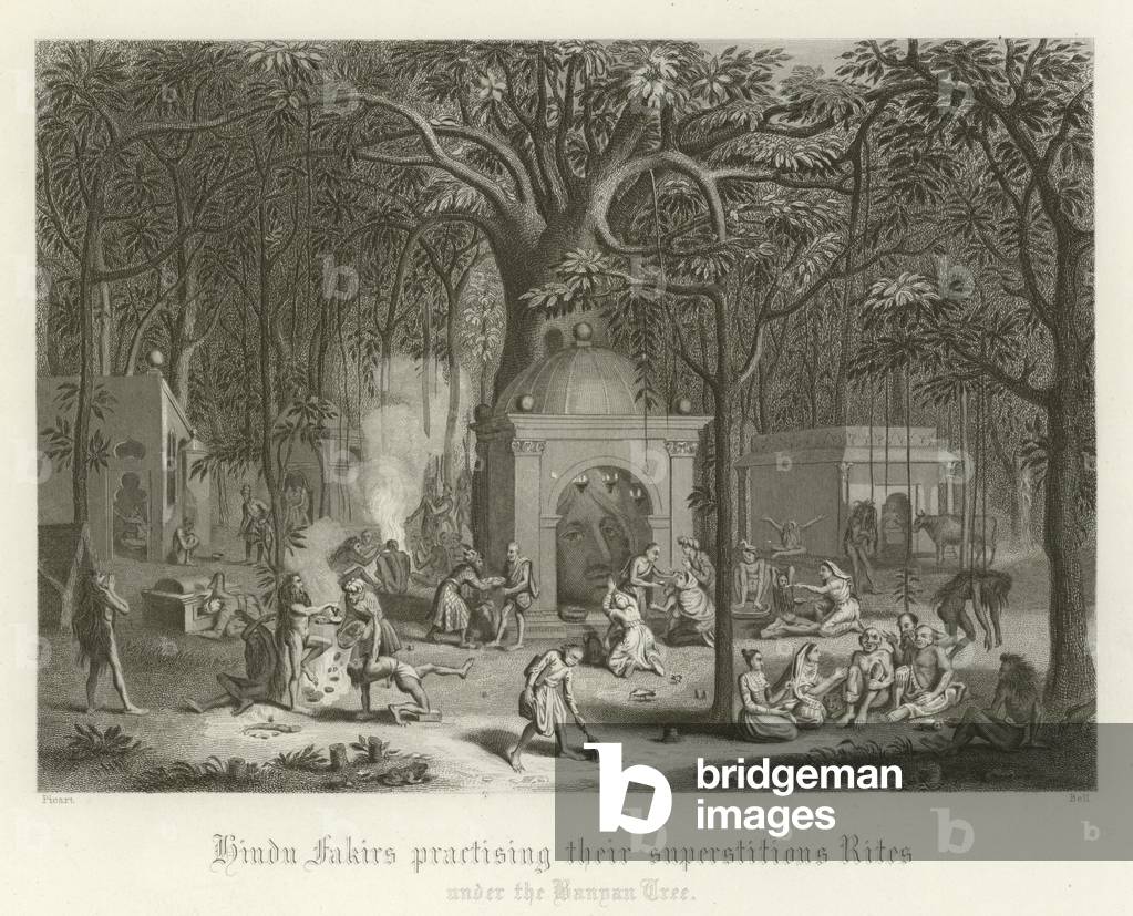 Hindu fakirs practising their superstitious rites (engraving)