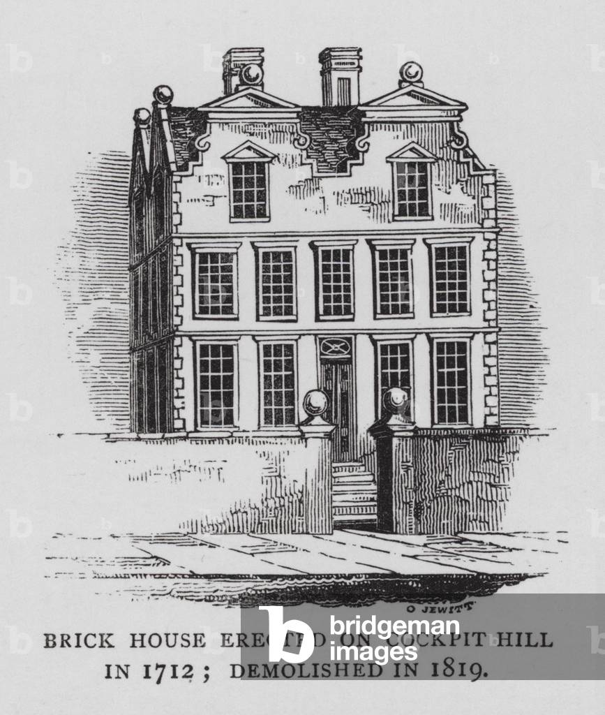 Brick House erected on Cockpit Hill in 1712; demolished in 1819 (engraving)