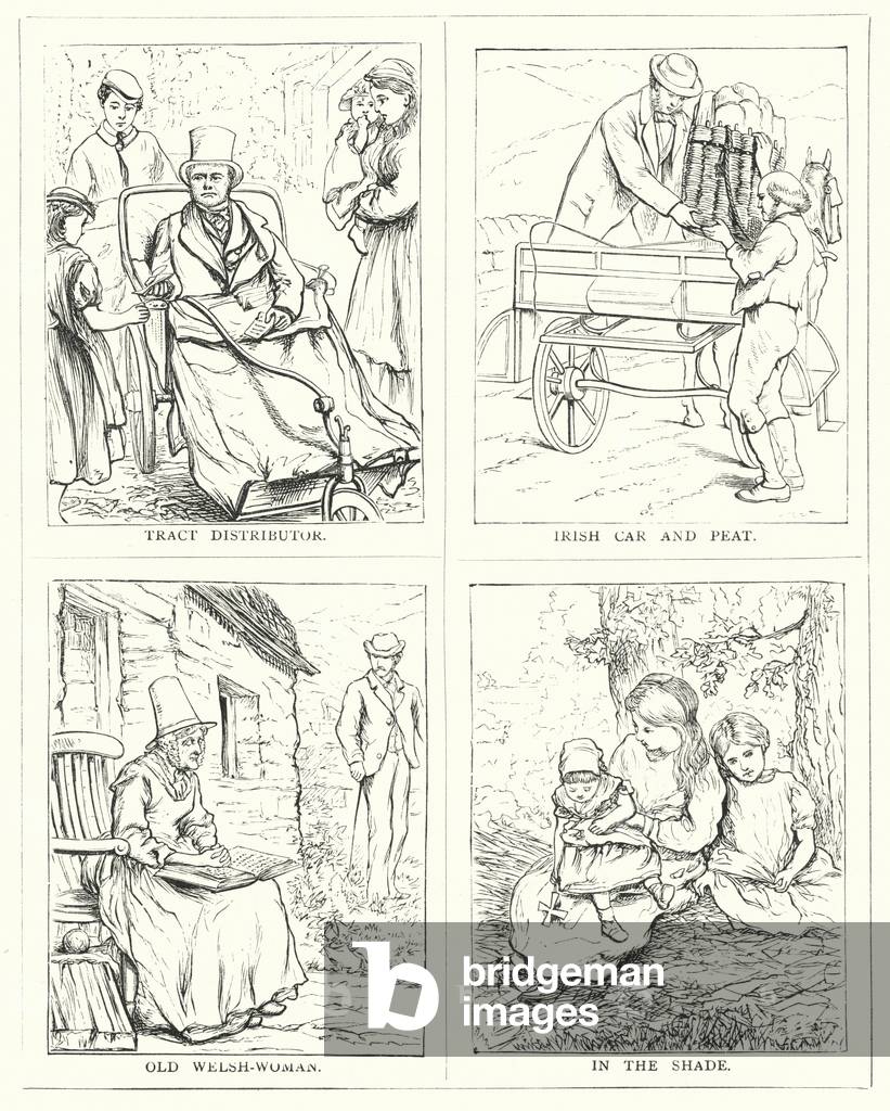 Tract distributor; Irish car and peat; Old Welsh-Woman; In the shade (engraving)