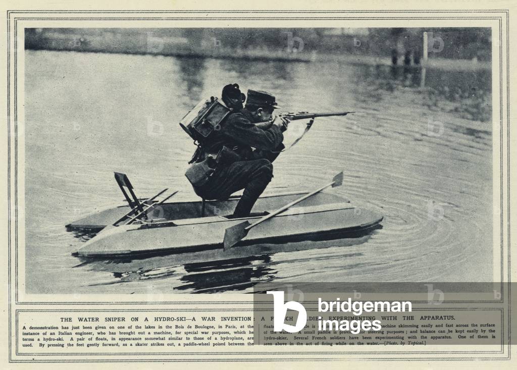 The water sniper on a hydro-ski, a war invention, a French soldier experimenting with the apparatus (b/w photo)