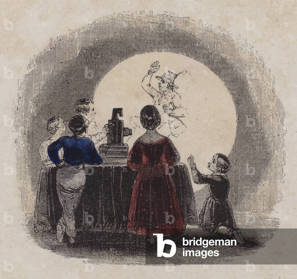 Watching a magic lantern show (coloured engraving)