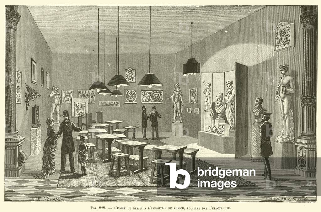 L'Ecole De Dessin A L'Exposition De Munich, Eclairee Par L'Electricite (engraving)