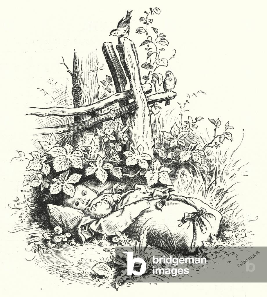 Baby left on the grass (engraving)