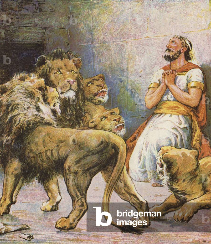 Daniel in the Lions' Den (colour litho)