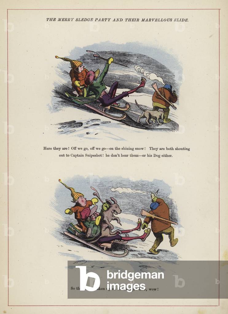 The merry sledge party and thier marvellous slide (colour litho)