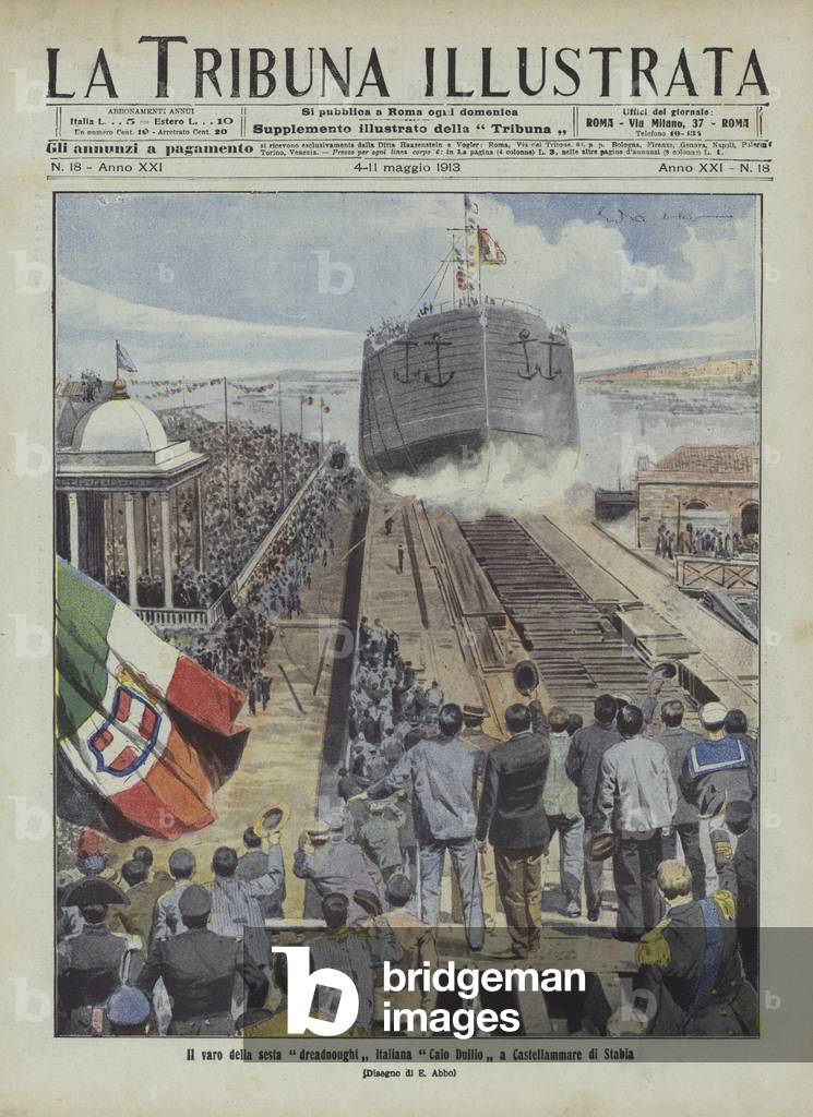 Launch of the Italian battleship Caio Duilio at Castellammare di Stabia (colour litho)