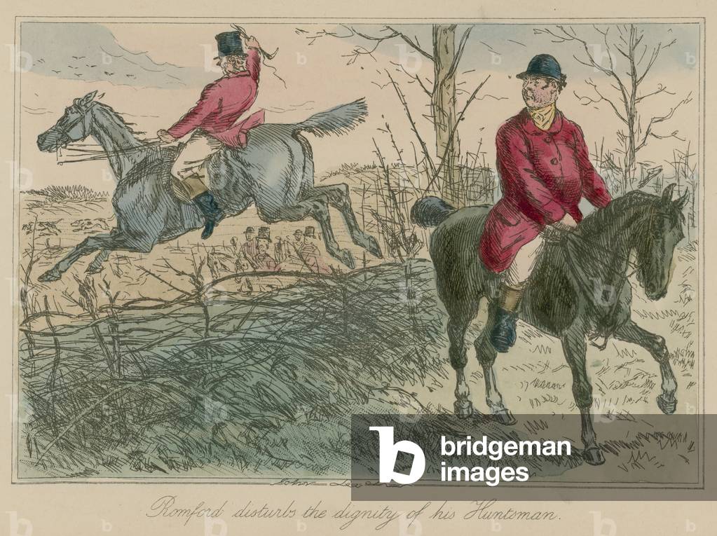 Romford disturbs the dignity of his Huntsman (coloured engraving)