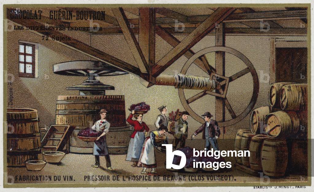 Winemaking. Wine press of the Hospice de Beaune (Clos Vougeot) (chromolitho)