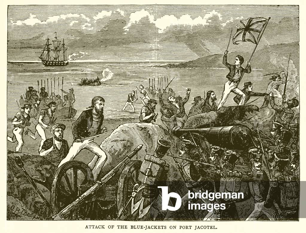 Attack of the blue jackets on port Jacotel (engraving)
