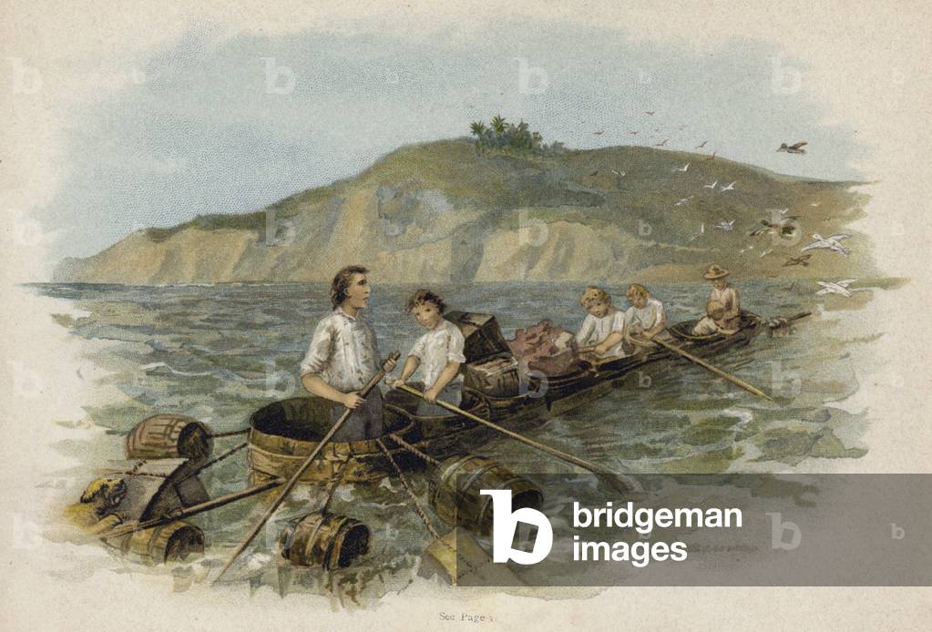Scene from The Swiss Family Robinson: nearing land in the tub boat (chromolitho)