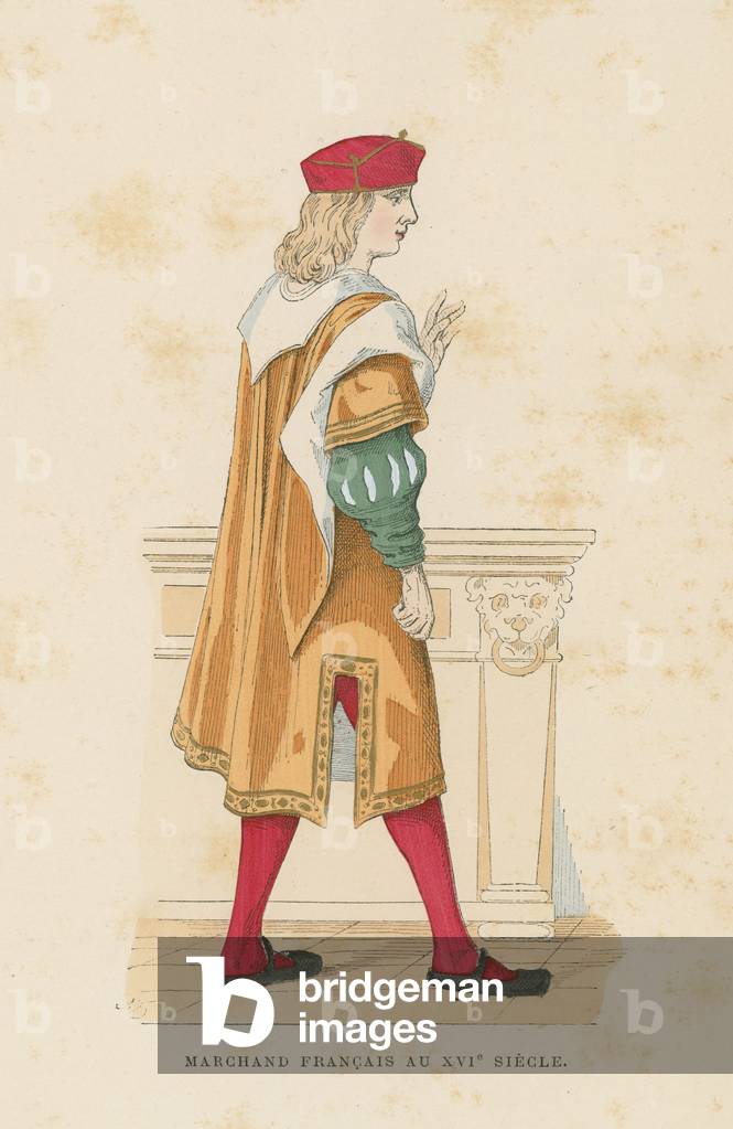 French merchant, 16th Century (coloured engraving)