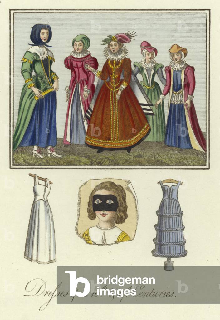 Ladies of the 16th and 17th Centuries (coloured engraving)