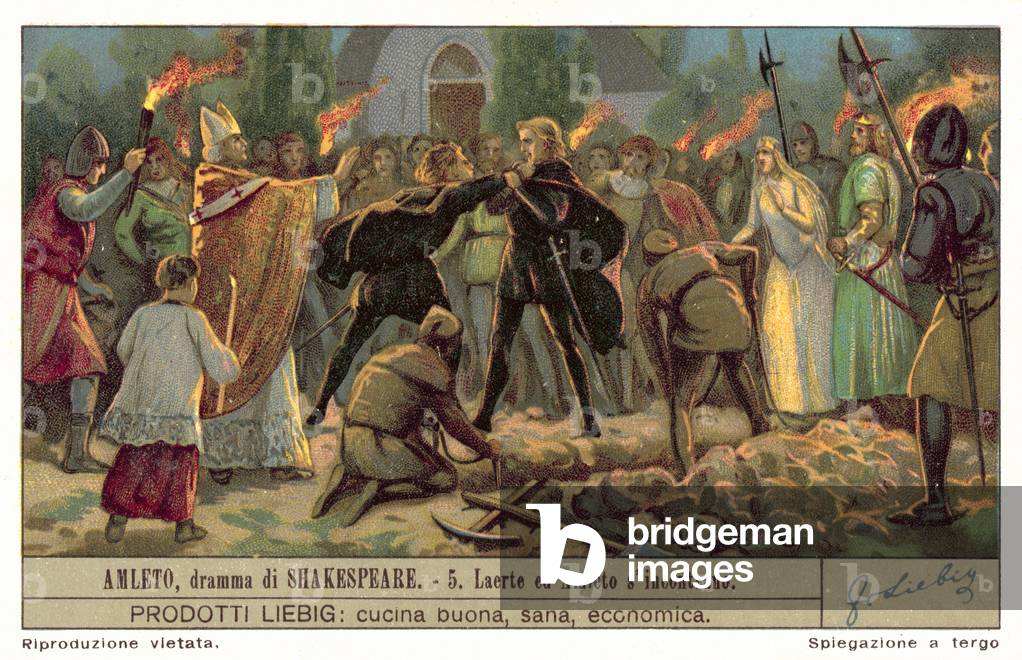 Hamlet and Laertes fight at Ophelia's graveside (chromolitho)