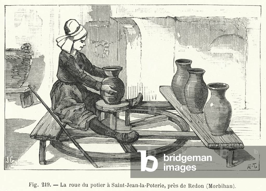 La roue du potier a Saint-Jean-la-Poterie, pres de Redon, Morbihan (engraving)
