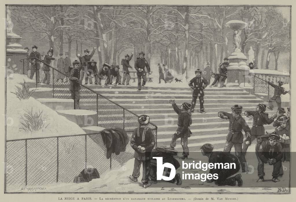 La Neige a Paris, La recreation d'un bataillon scolaire au Luxembourg (engraving)