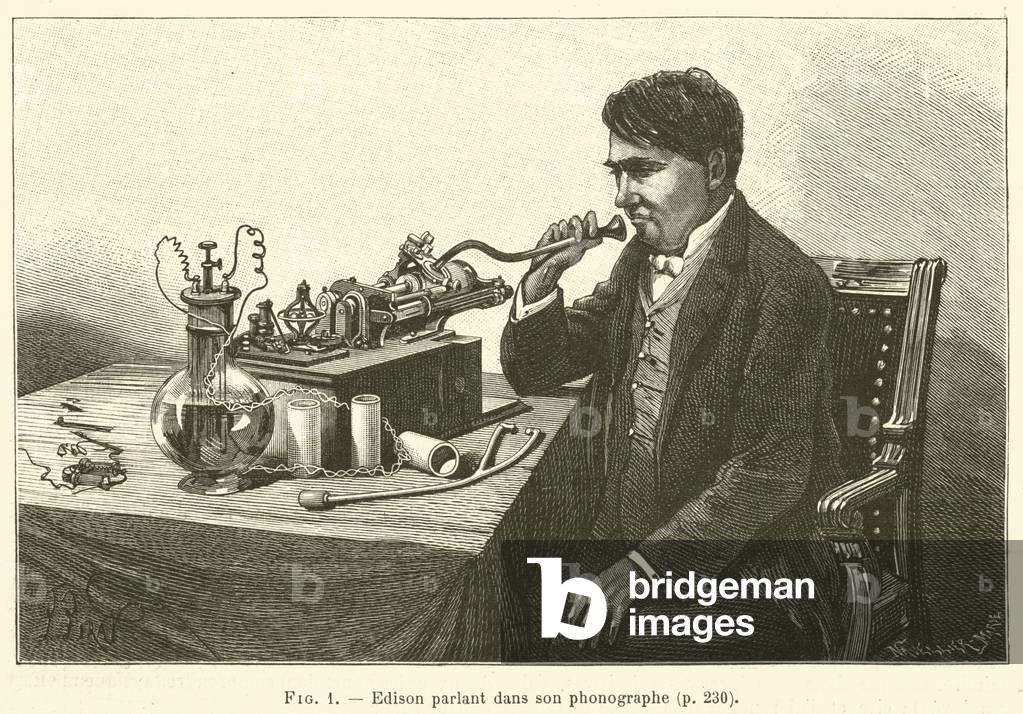 Edison parlant dans son phonographe (engraving)