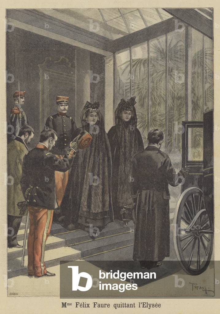 The widow of President Faure of France leaving the Elysee Palace (colour litho)