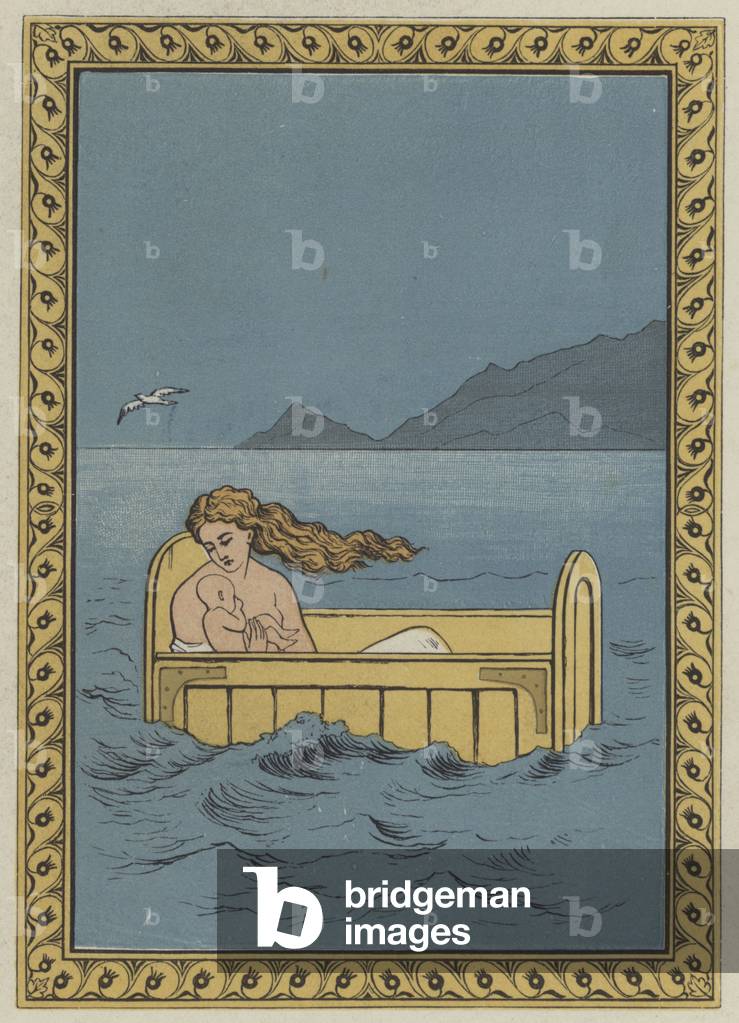 Perseus and his mother (colour litho)