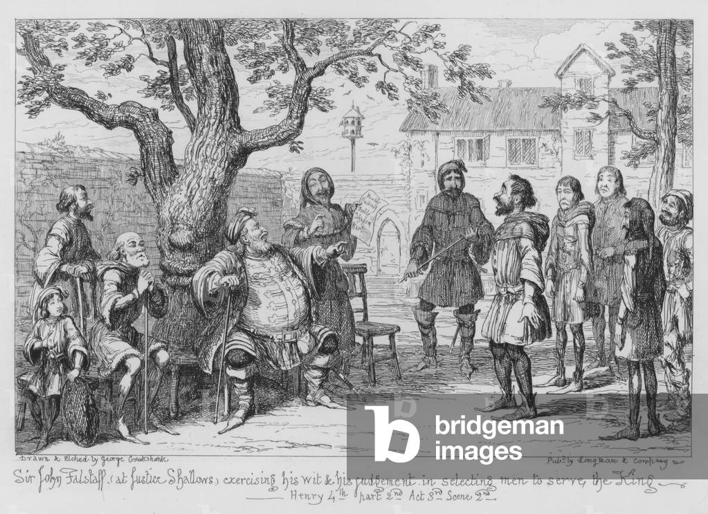 Sir John Falstaff, at Justice Shallows, exercising his wit and his judgement in selecting men to serve the King (engraving)
