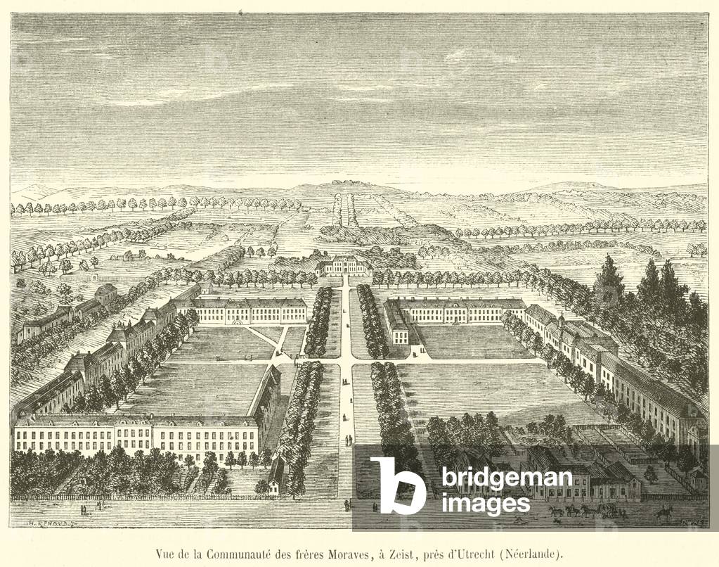 Vue de la Communaute des freres Moraves, a Zeist, pres d'Utrecht, Neerlande (engraving)