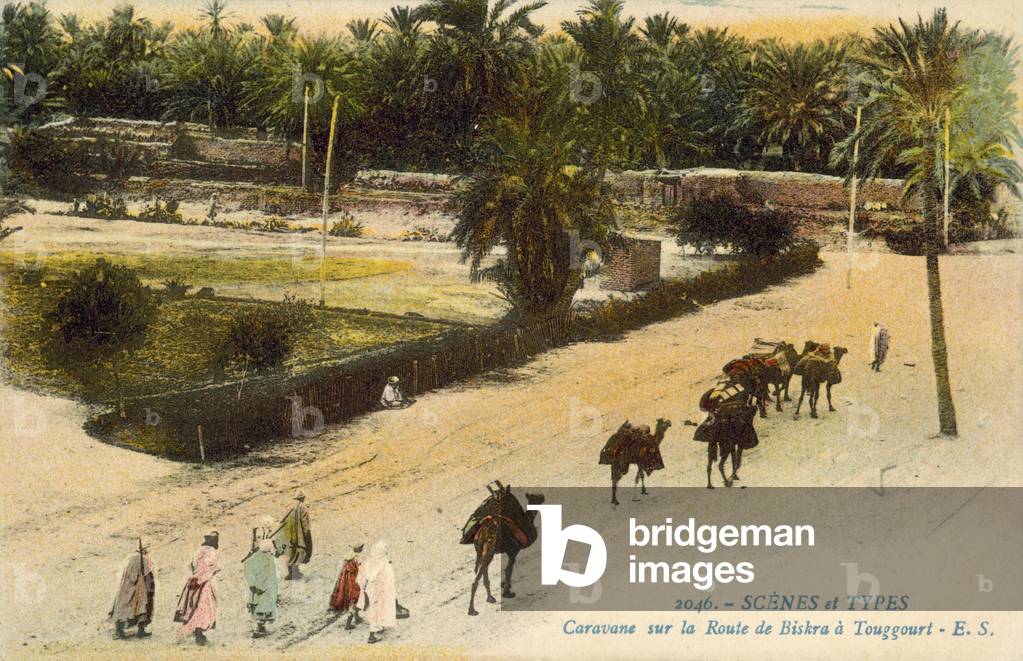 Caravan travelling between Biskra and Touggourt, Algeria (colour photo)