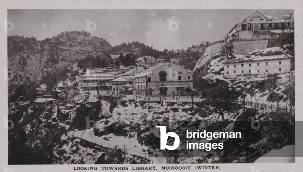 Looking towards the library in winter, Mussoorie, India (b/w photo)