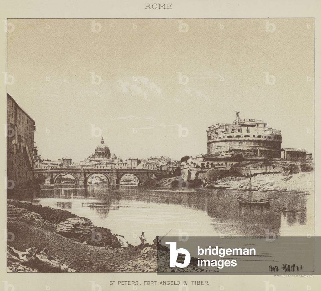 Rome, St Peters, Fort Angelo and Tiber (litho)