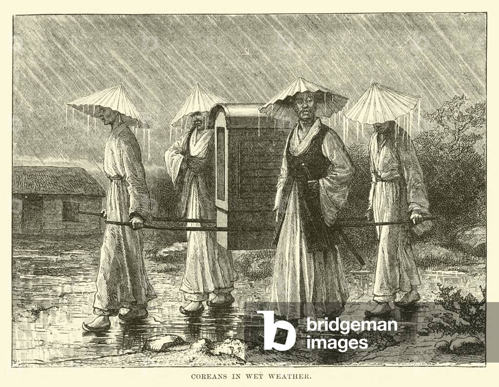 Coreans in wet weather (engraving)