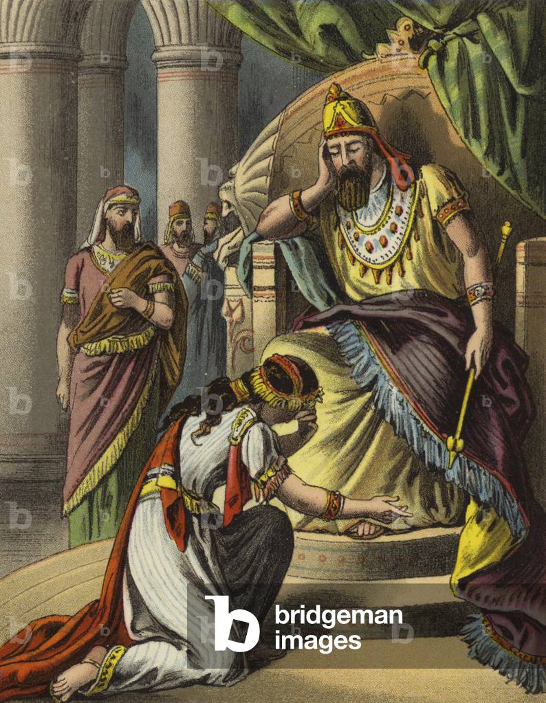 The Story of Queen Esther: Esther beseeches King Ahasuerus to revoke his decree against the Jews (colour litho)