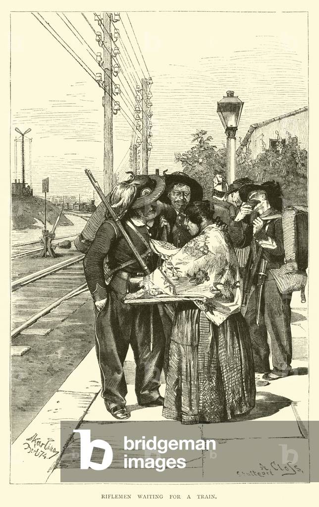 Riflemen waiting for a train (engraving)