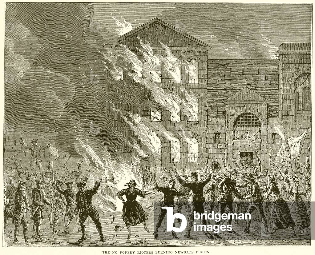 The No Popery Rioters burning Newgate Prison (engraving)
