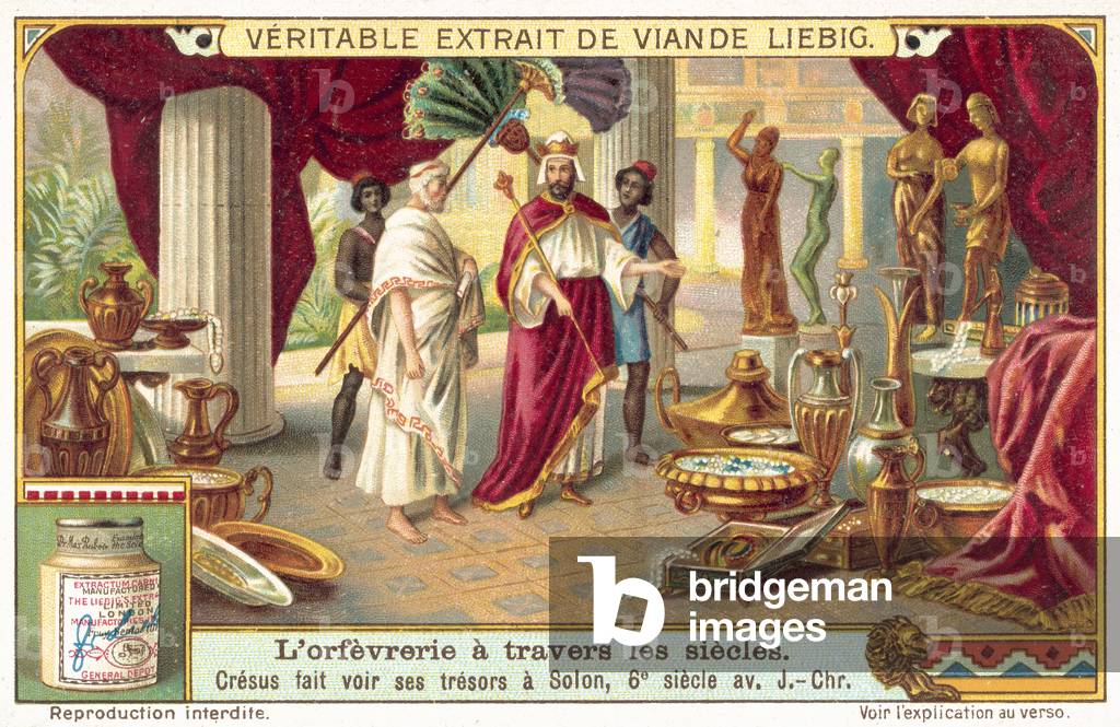 Croesus showing his treasures to Solon, 6th Century BC (chromolitho)