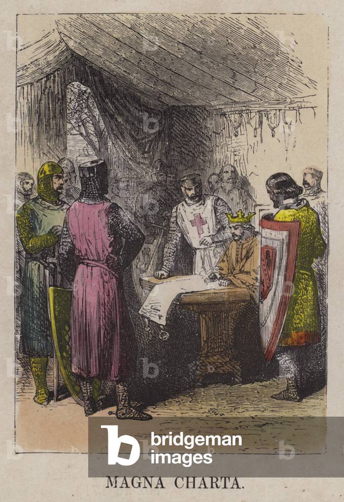 King John signing Magna Carta (coloured engraving)
