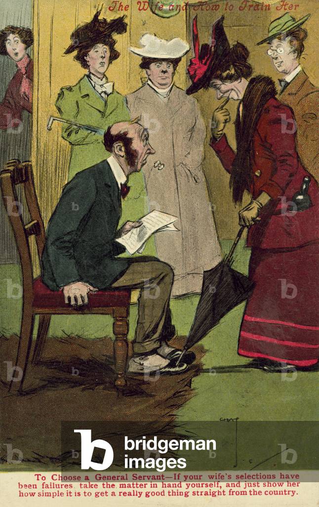 Man choosing a servant straight from the country (colour litho)