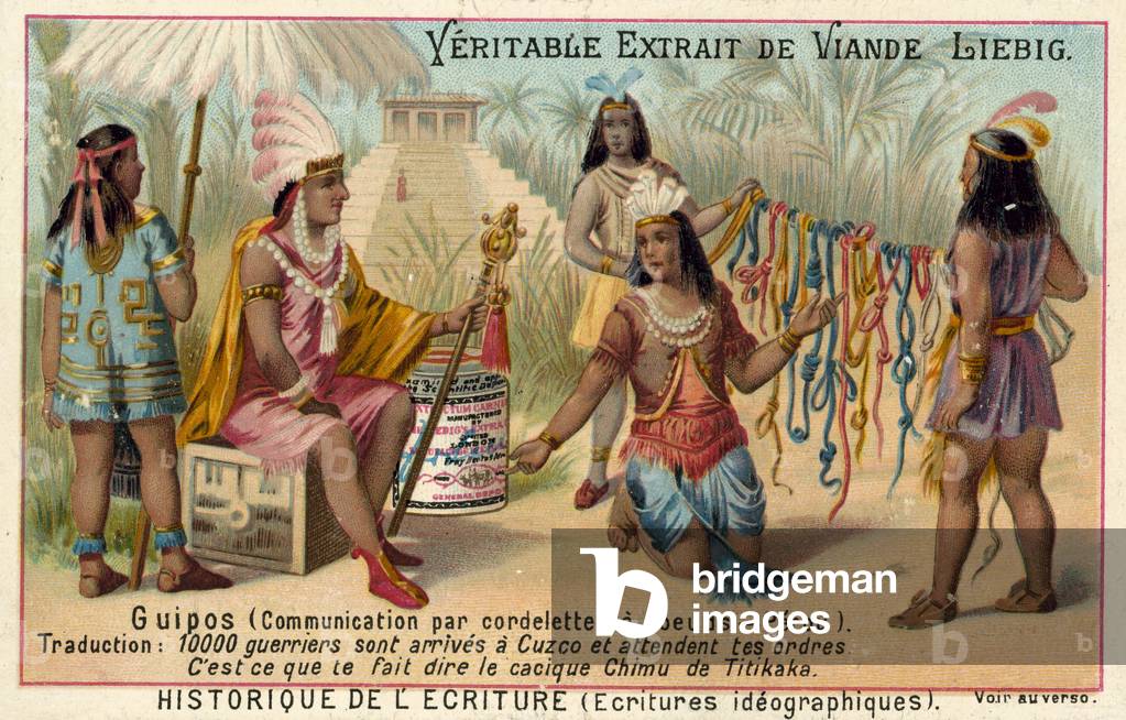 Quipus, system of communication using knotted strings, Peru (chromolitho)