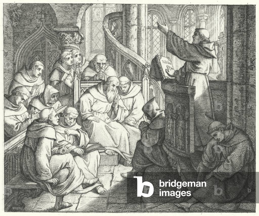 Martin Luther preaches to Johann von Staupitz and the other monks at the monastery (engraving)