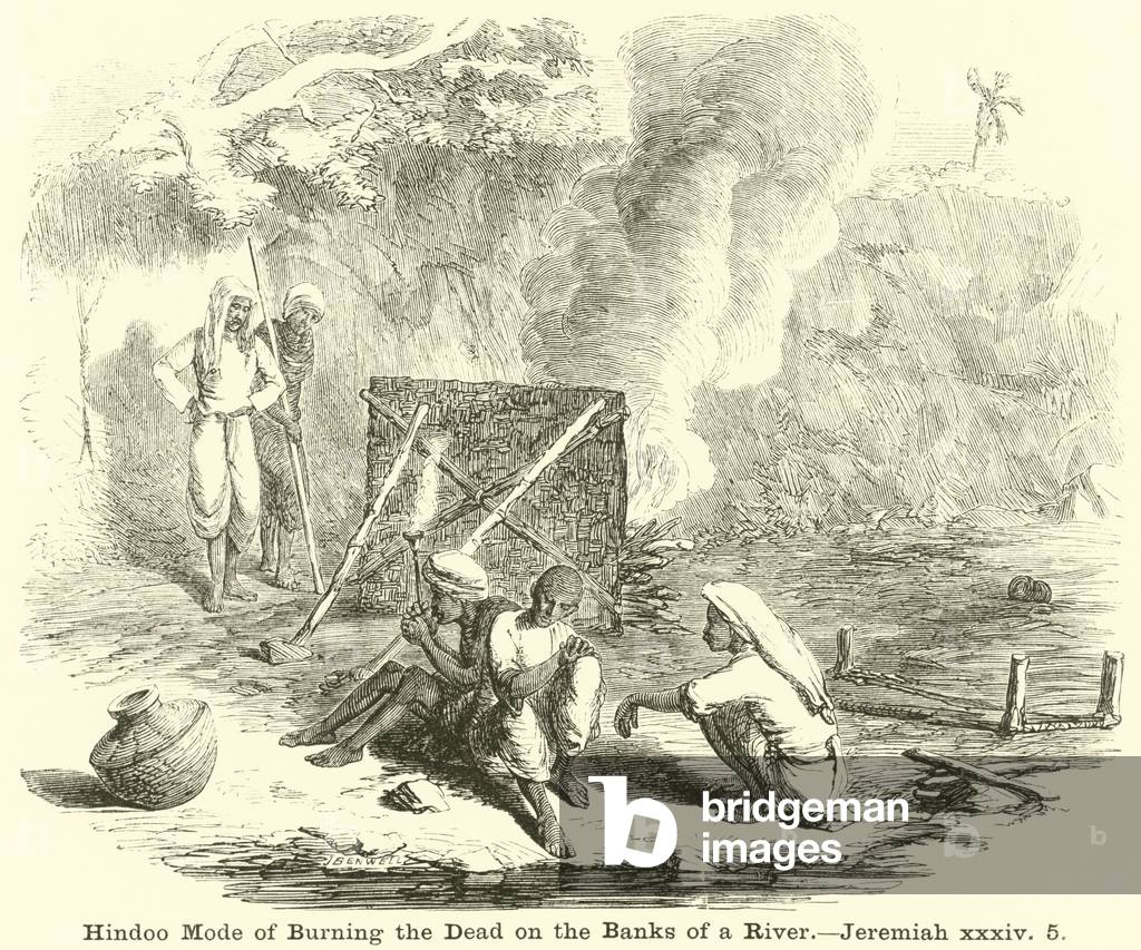 Hindoo Mode of Burning the Dead on the Banks of a River, Jeremiah, xxxiv, 5 (engraving)