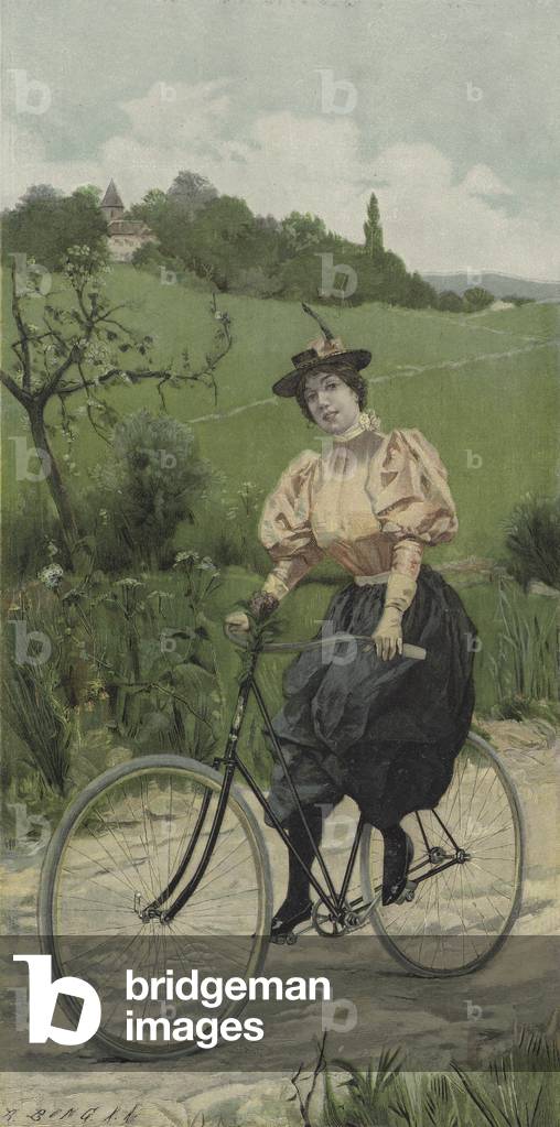 Woman riding a bicycle on a country road (colour litho)