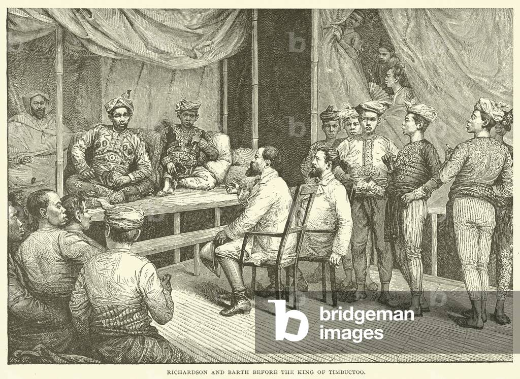 Richardson and Barth before the King of Timbuctoo (engraving)