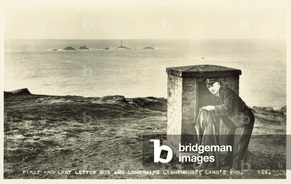 Letter box and Longships lighthouse, Land's End, Cornwall (b/w photo)
