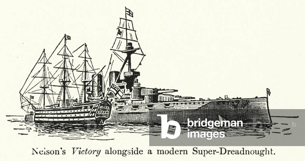 Nelson's Victory alongside a modern Super-Dreadnought (litho)