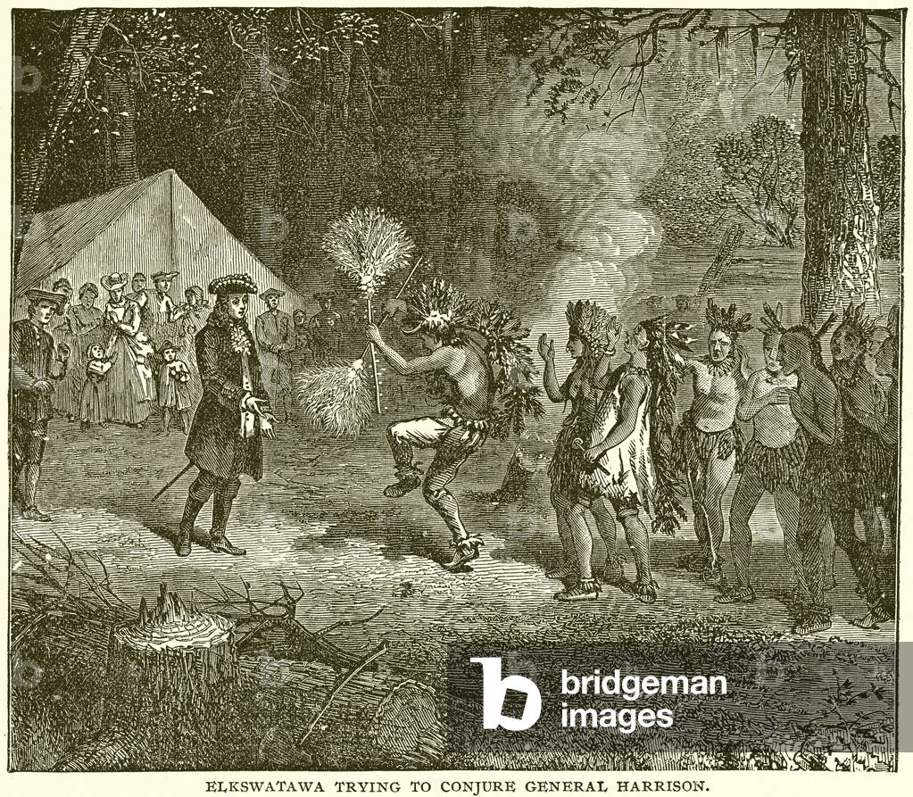 Elkswatawa trying to Conjure General Harrison (engraving)