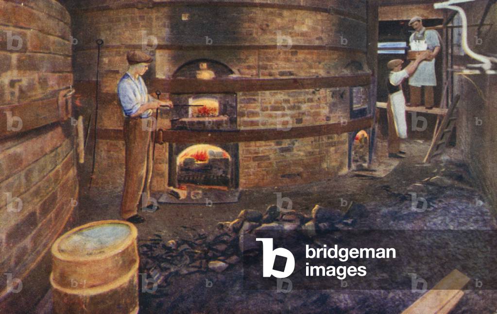 Firing china in the kilns of a porcelain works (colour litho)
