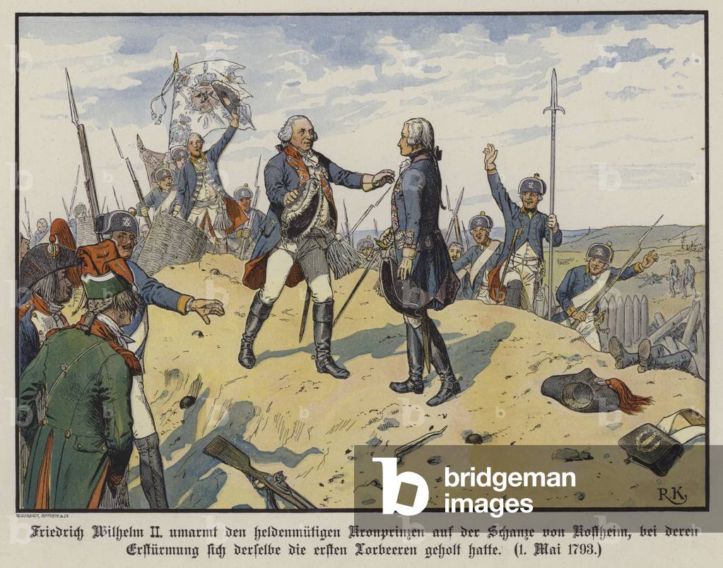 King Frederick William II of Prussia embracing his heroic son, Crown Prince Frederick William, on the hill of Kostheim, 1 May 1793 (colour litho)