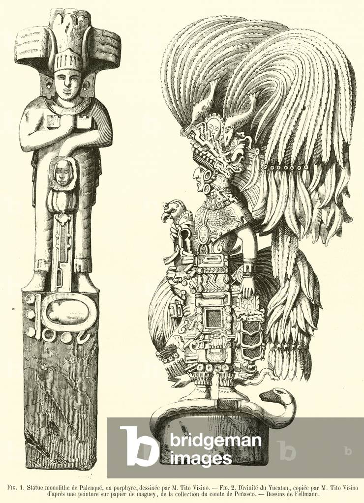 Statue monolithe de Palenque, en porphyre; Divinite du Yucatan (engraving)