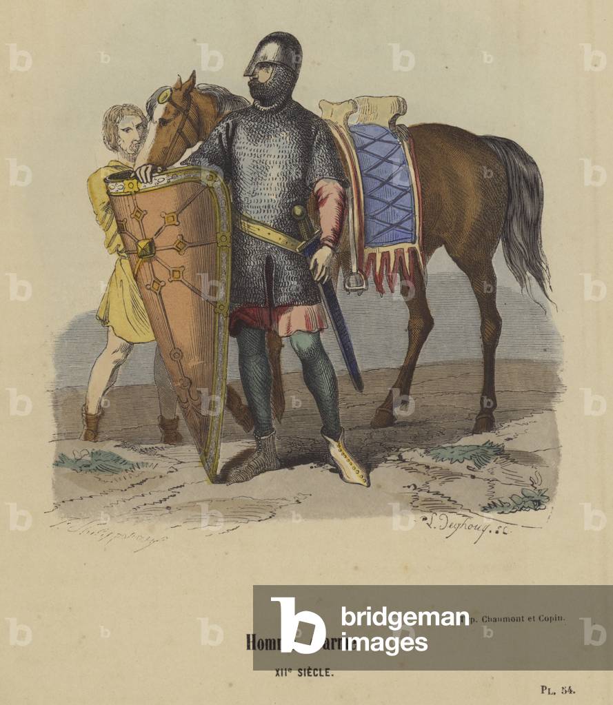 Homme d'arme, XIIe Siecle (coloured engraving)