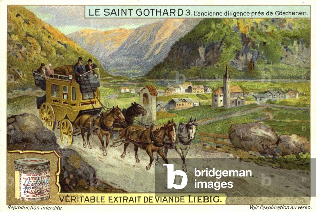 Stagecoach on the road near Goschenen, Switzerland (chromolitho)